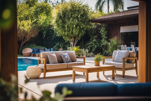 Un salon en plein air avec des meubles à côté de la piscine