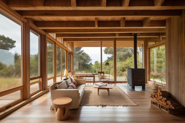 Un salon avec un poêle à bois et un poêle à bois.