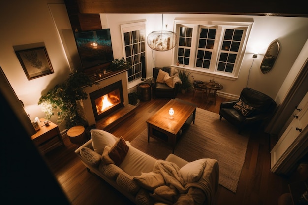 Un salon rempli de meubles et d'une cheminée Image AI générative