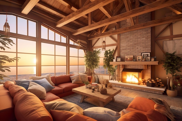 Un salon rempli de meubles et d'une cheminée Image d'IA générative Maison norvégienne confortable