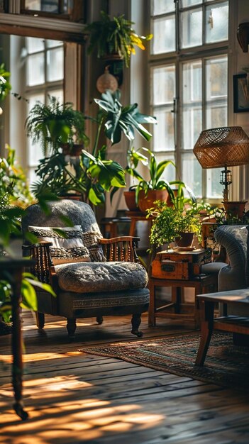 un salon rempli de meubles et de nombreuses plantes