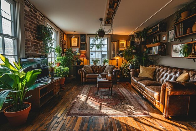 un salon rempli de meubles et de nombreuses plantes