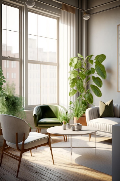 Salon rempli de meubles et de plantes en pot dans le coin Generative AI