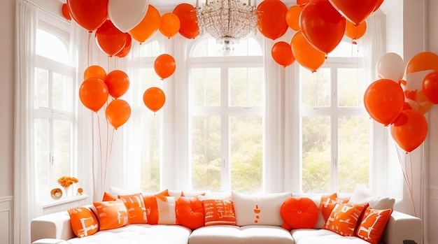 Salon rempli de nombreuses fenêtres couvertes de ballons orange et blancs