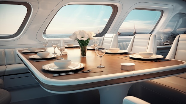 Salon de restauration de yacht de luxe Espace de repas maritime élégant Généré par l'IA