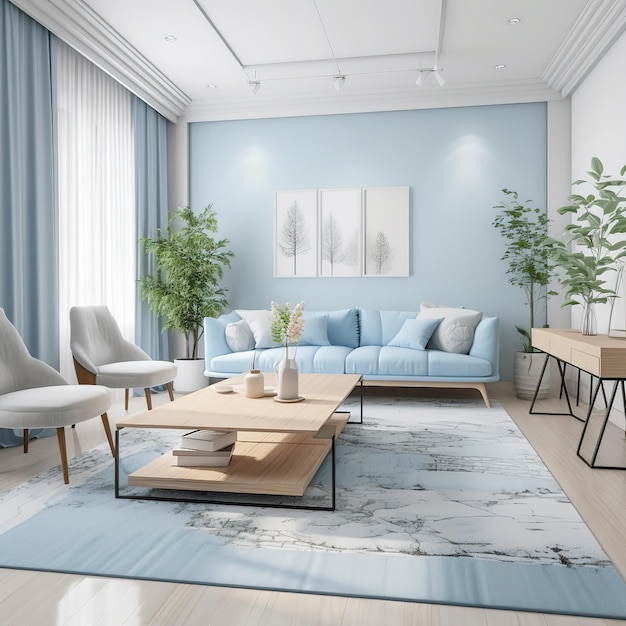 Un salon avec un rideau bleu et un canapé blanc avec une chaise blanche et une table basse en bois.