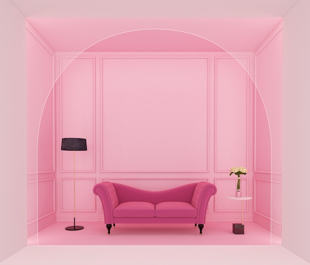 Salon rose luxueux avec canapé rose et corniche murale rose clair rendu 3d