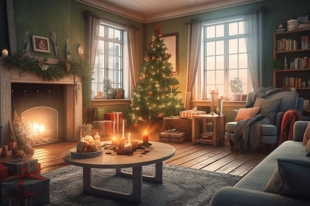 Un salon avec un sapin de Noël dans le coin
