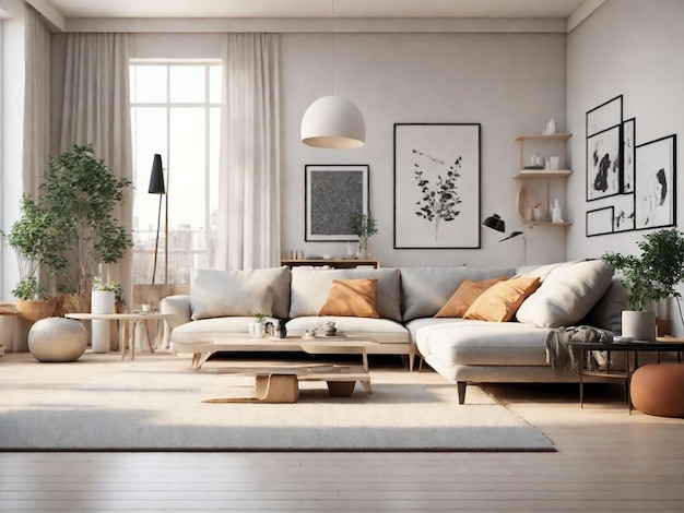 Salon scandinave confortable, parquet et mobilier en bois