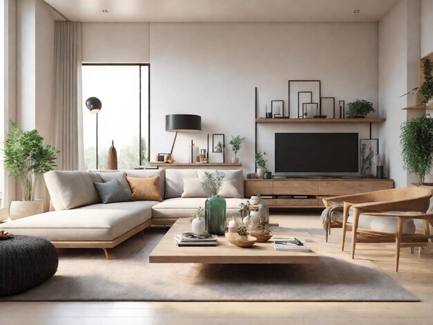 Salon scandinave confortable, parquet et mobilier en bois