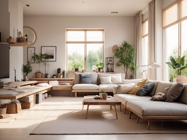 Salon scandinave confortable, parquet et mobilier en bois