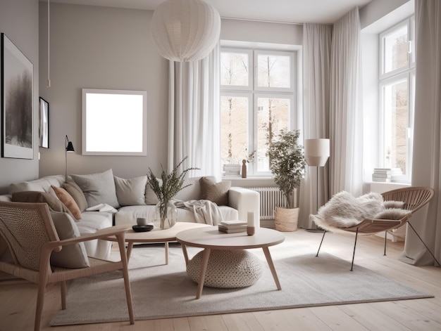 Salon scandinave élégant avec de beaux meubles et décor Generative AI