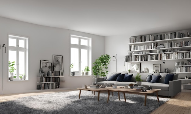 Salon scandinave loft photo rendu 3d avec table de travail et bibliothèque