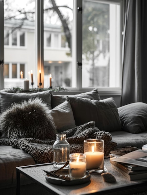Le salon scandinave serein avec un coin de lecture confortable et un design d'intérieur moderne