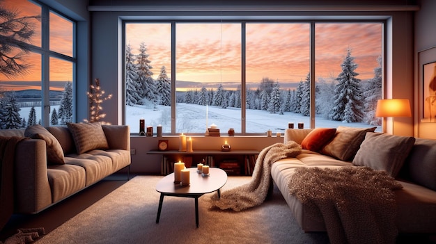 Un salon avec une scène enneigée et une fenêtre avec une scène enneigée.