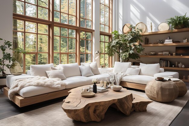 Salon serein avec canapé blanc, table à café et plantes d'intérieur