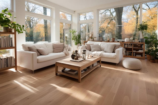 Un salon avec un sol en bois de design scandinave