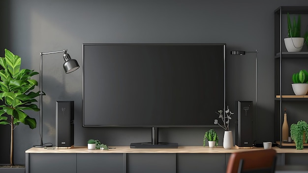 Photo un salon sombre avec un grand écran de télévision blanc sur un support il y a une lampe sur le côté gauche de la télévision et une plante sur le côté droit