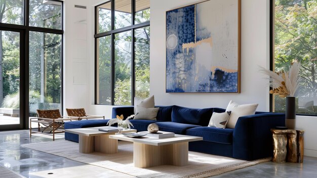 Salon spacieux avec canapé en velours marine tables en bois clair fenêtres au sol et au plafond art abstrait et