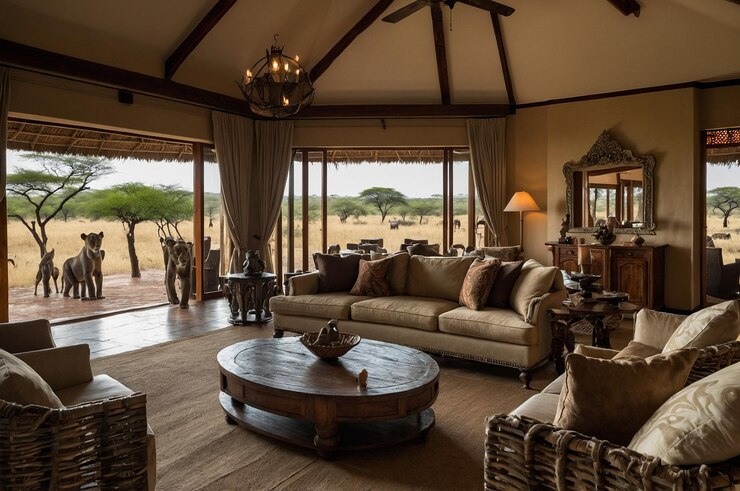 Un salon spacieux dans un lodge de safari de luxe