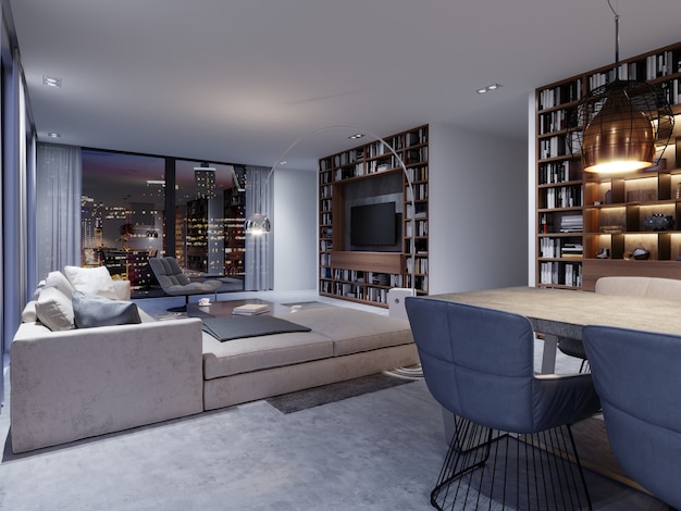 Salon spacieux avec immense canapé dans un appartement de luxe. rendu 3D