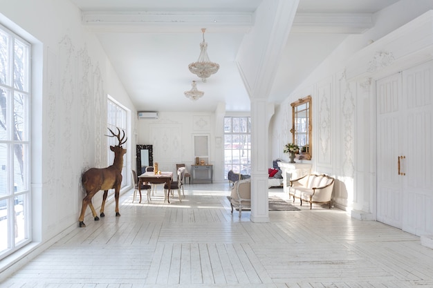 Salon spacieux et lumineux avec un design classique élégant avec un décor ancien et de beaux meubles chics à l'ancienne