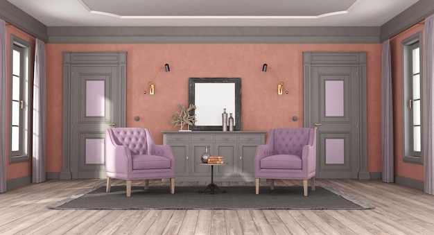 Salon de style classique avec fauteuil violet