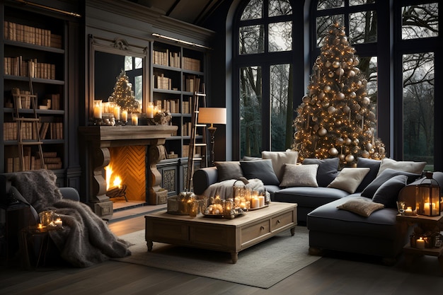 Un salon de style classique avec un grand sapin de Noël décoré, un canapé confortable et une cheminée capturant la chaleur de Noël