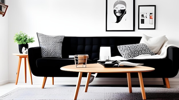 Salon de style design scandinave avec un canapé noir