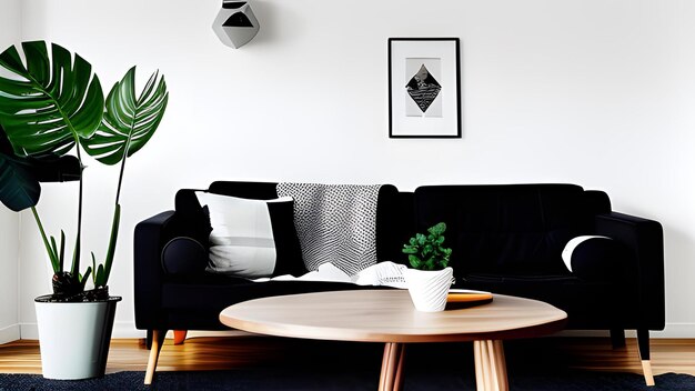 Salon de style design scandinave avec un canapé noir