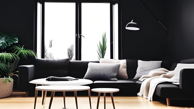 Salon de style design scandinave avec un canapé noir