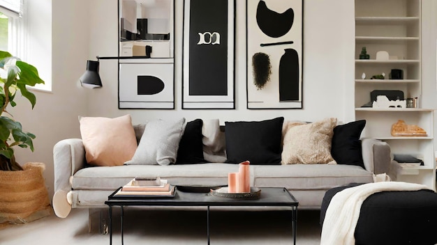 Photo salon de style design scandinave avec un canapé noir