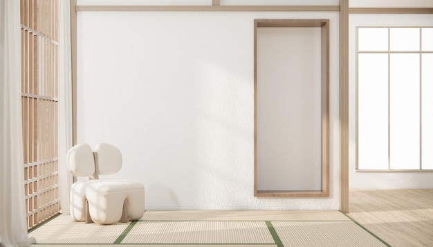 Salon de style japonais minimaliste décoré d'un canapé
