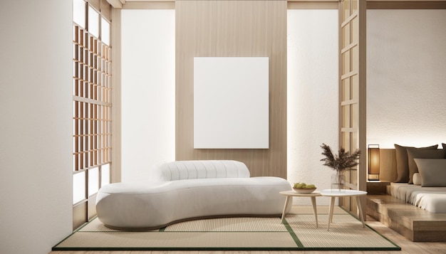 Salon de style japonais minimaliste décoré d'un canapé