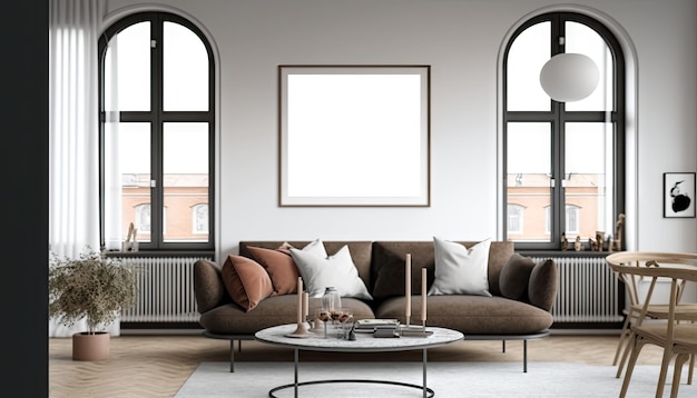 Salon de style nordique avec canapé et décoration et grandes fenêtres à l'arrière Generative AI