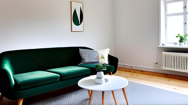 Salon de style scandinave avec un canapé vert