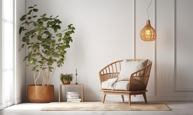 Salon de style scandinave avec fauteuil en tissu gris lampe dorée et plantes contre un mur blanc vide rendu 3D génératif AI