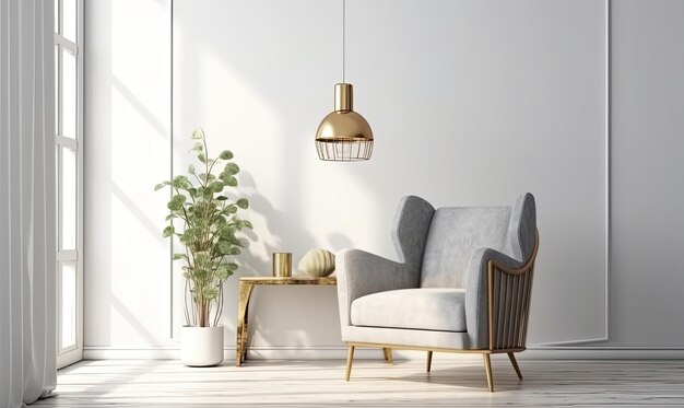 Salon de style scandinave avec fauteuil en tissu gris lampe dorée et plantes contre un mur blanc vide rendu 3D génératif AI