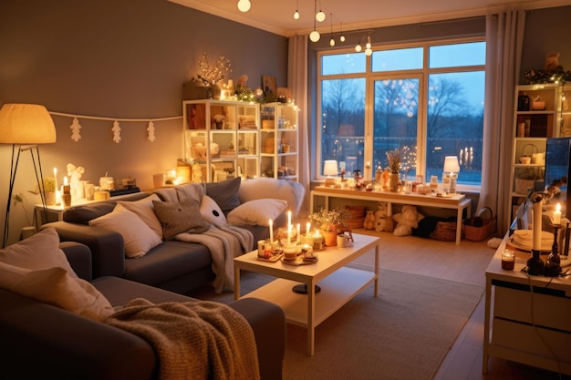 Salon style scandinave Un salon cosy à la lumière chaleureuse Party time Generative AI