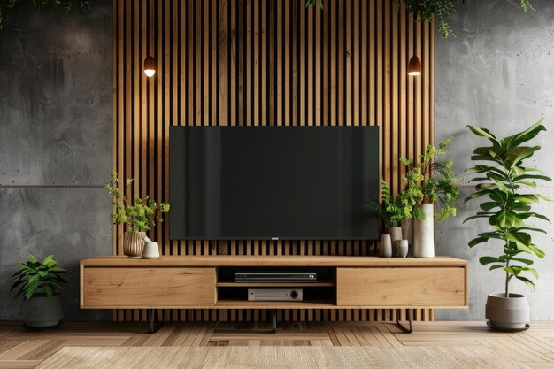 Salon de style tropical avec maquette d'armoire de télévision en bois