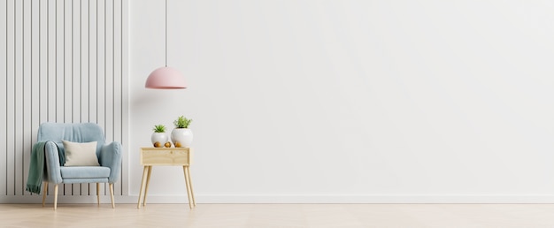 Salon avec table en bois, lampes et fauteuil bleu, rendu 3d