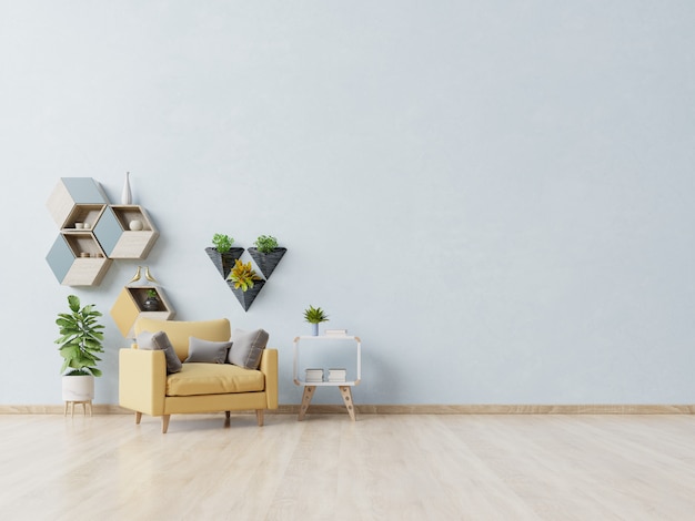 Salon avec table en bois, lampes et fauteuil jaune.