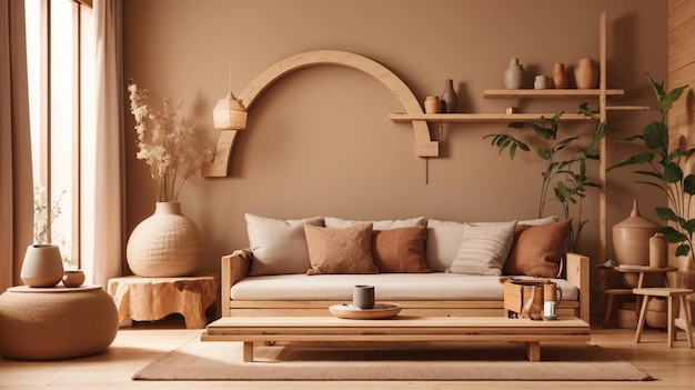 un salon avec une table de canapé et une plante en pot sur le mur