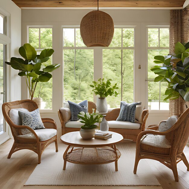 un salon avec une table, des chaises et une table avec des plantes