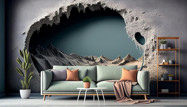 Photo un salon avec un tableau montagne et un canapé