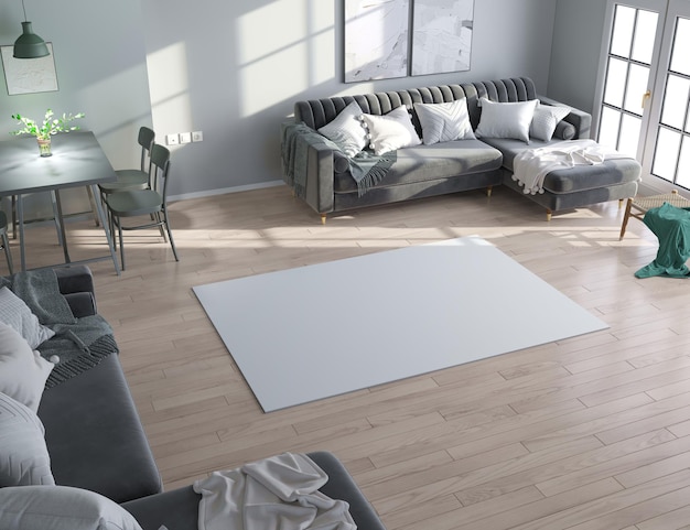 Un salon avec un tapis blanc et un canapé gris avec un drap blanc dessus.