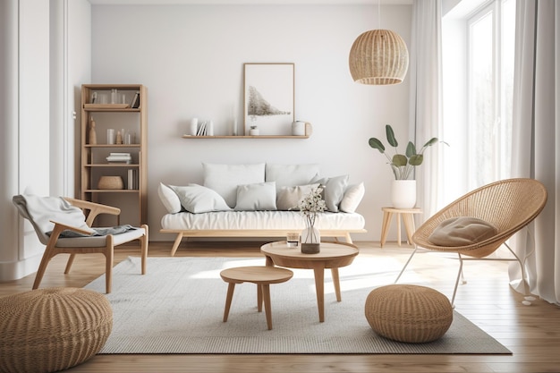 Photo un salon avec un tapis blanc, une table en bois, une chaise et une table basse.