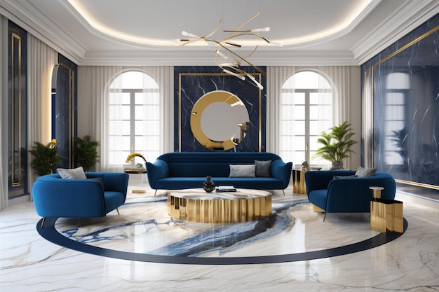 Un salon avec un tapis bleu et or et une table basse dorée