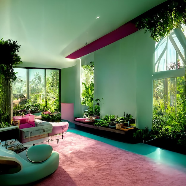 Un salon avec un tapis rose et une grande fenêtre avec des plantes dessus.