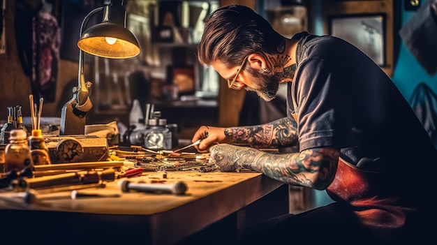 Salon de tatouage homme tatoué dans un atelier d'art réalisé avec l'IA générative